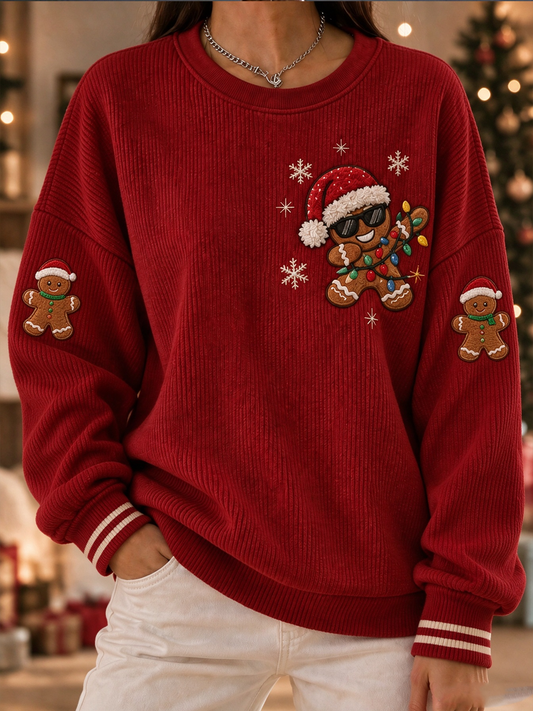 Women's Fun gingerbread man print Ribbed Round-Neck Sweatshirt
