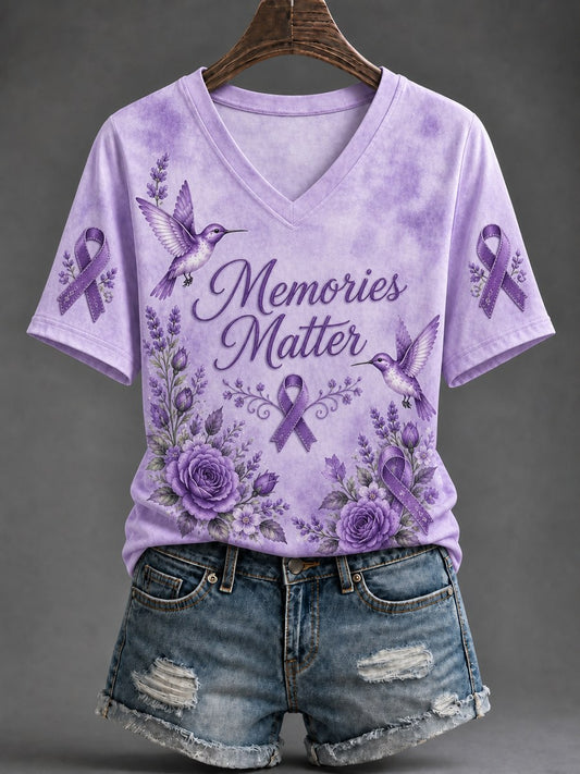 Women's Alzheimer's Disease Awareness Supports Purple Ribbon Art Print Short-Sleeved T-Shirt