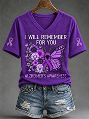 Women's Alzheimer's Awareness Support Print V-Neck Tee