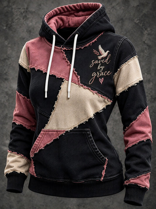 Women's Retro Color Block Patchwork Saved By Grace Cross Print Hoodie