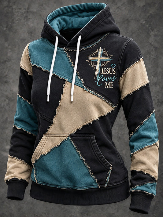 Women's Retro Color Block Patchwork Jesus Loves Me Cross Print Hoodie