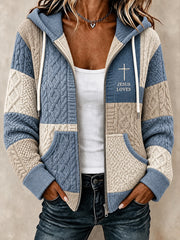 Women's Cross Faith Cable Pattern Print Casual Zipper Hoodie