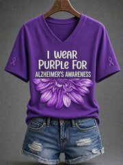 Women's Purple Floral & Alzheimer's Awareness Support Print V-Neck Tee