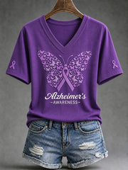 Women's Purple Floral & Alzheimer's Awareness Support Print V-Neck Tee