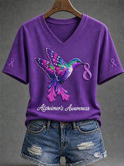 Women's Purple Floral & Alzheimer's Awareness Support Print V-Neck Tee