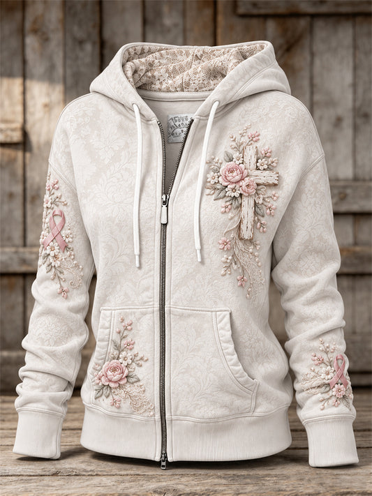 Women's Vintage Pink Roses Christian Cross Floral Lace Art Print Full Zip Hoodie