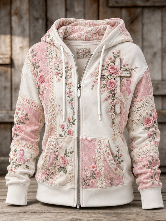 Women's Vintage Pink Roses Christian Cross Floral Lace Patchwork Art Print Full Zip Hoodie