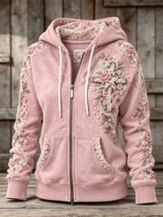 Women's Vintage Pink Roses Christian Cross Floral Lace Art Print Full Zip Hoodie