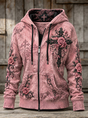 Women's Vintage Pink Ribbon Gothic Cross Roses Floral Art Print Full Zip Hoodie