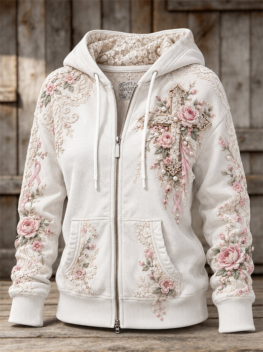 Women's Vintage Pink Roses Christian Cross Floral Lace Art Print Full Zip Hoodie