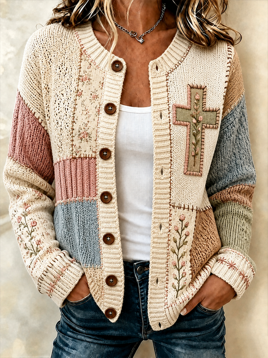 Women's Patchwork-style faith print Cardigan-Style Knit Jacket