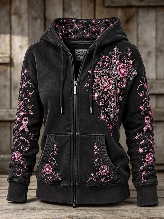 Women's Vintage Pink Ribbon Gothic Cross & Roses Floral Glitter Print Full Zip Hoodie
