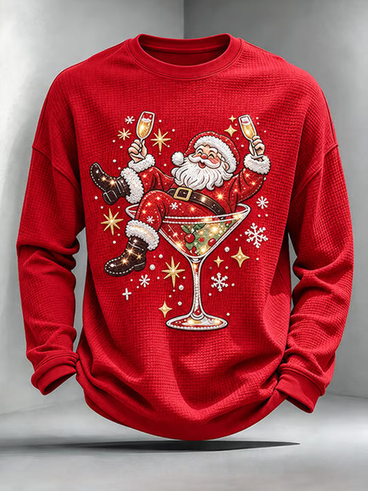 Men's Christmas Santa Claus Wine Glass Print Waffle Long Sleeve Top