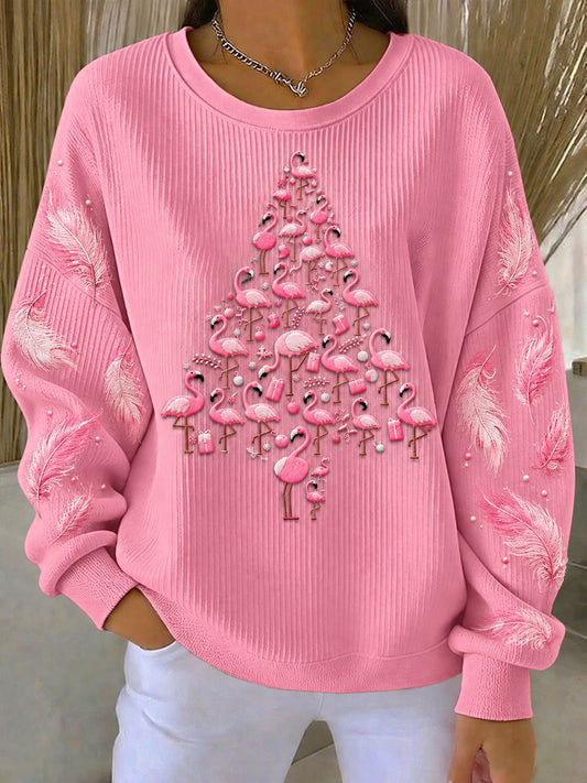 Women's Christmas Flamingo Print Ribbed Round-Neck Sweatshirt