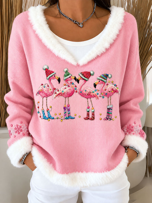 Women's Christmas Flamingo Print Crew Neck Sweater
