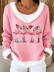 Women's Christmas Flamingo Print Crew Neck Sweater