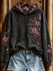 Women's Vintage Gothic Cross & Pink Ribbon Roses Floral Lace Print Hoodie