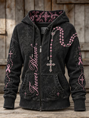 Women's Forever Blessed Cross Beaded Pendant & Pink Ribbon Print Full Zip Hoodie