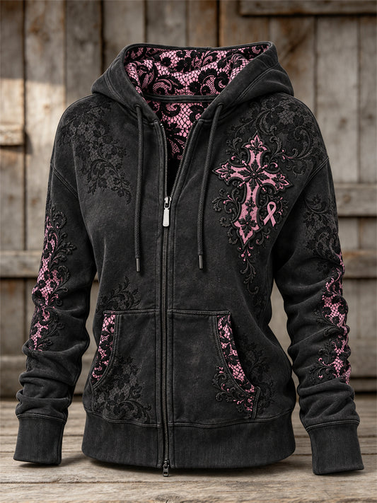Women's Vintage Gothic Cross & Pink Ribbon Floral Lace Art Print Full Zip Hoodie