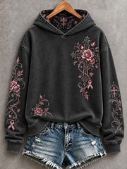 Women's Vintage Floral Pink Ribbon Gothic Cross Print Hoodie