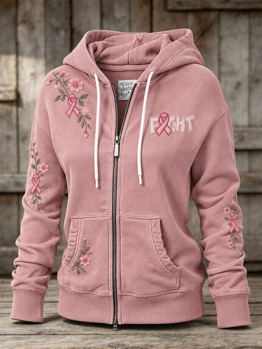 Women's Pink Rose and Pink Charity Ribbon Pattern Design Casual Zip-Up Hoodie
