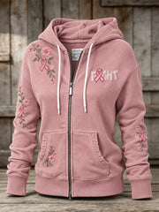 Women's Pink Rose and Pink Charity Ribbon Pattern Design Casual Zip-Up Hoodie