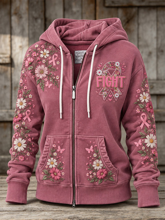 Women's Pink Flowers and Pink Charity Ribbon Pattern Design Casual Zip-Up Hoodie