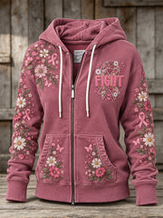 Women's Pink Flowers and Pink Charity Ribbon Pattern Design Casual Zip-Up Hoodie