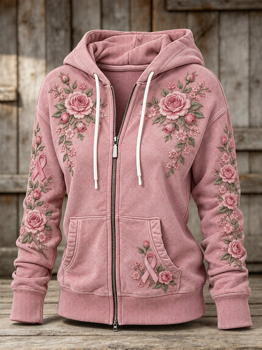 Women's Pink Rose and Pink Charity Ribbon Pattern Design Casual Zip-Up Hoodie