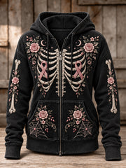 Women's Vintage Floral Pink Ribbon Skeleton Print Full Zip Hoodie