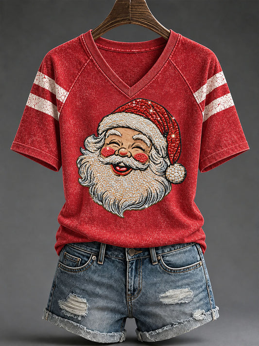 Women's Vintage Santa Claus Print V-neck off-shoulder short-sleeved T-shirt