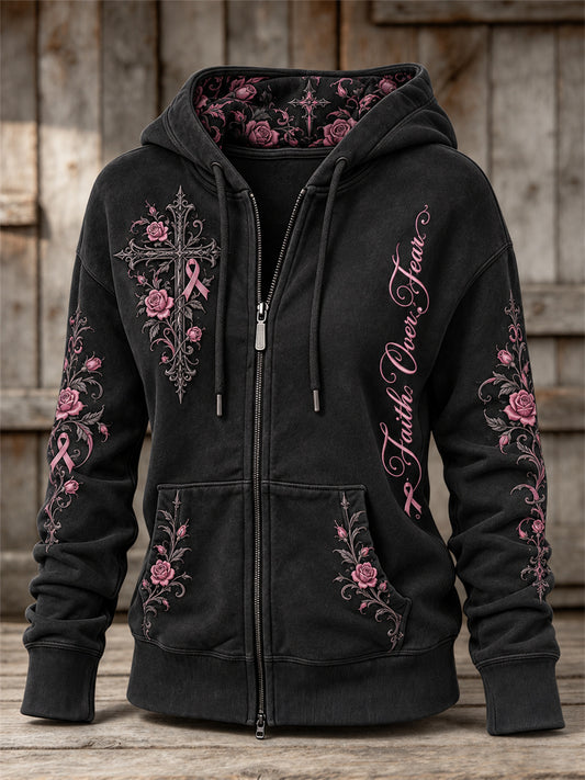 Women's Faith Over Fear Gothic Cross & Pink Ribbon Roses Floral Print Full Zip Hoodie