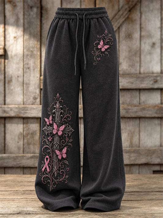 Women's Vintage Gothic Cross & Pink Ribbon Butterflies Print Wide Leg Sweatpants