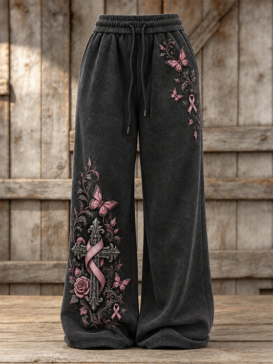 Women's Gothic Cross & Pink Ribbon Butterflies Roses Floral Print Wide Leg Sweatpants