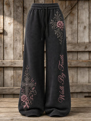 Women's Walk By Faith Gothic Cross & Pink Ribbon Roses Floral Print Wide Leg Sweatpants