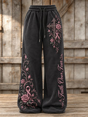 Women's Faith Over Fear Gothic Cross & Pink Ribbon Roses Floral Print Wide Leg Sweatpants
