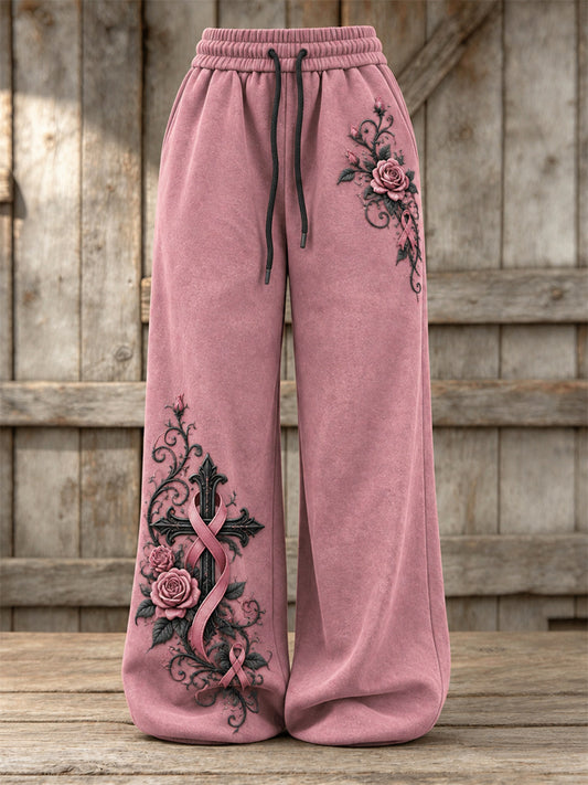 Women's Vintage Gothic Cross & Pink Ribbon Roses Floral Print Wide Leg Sweatpants