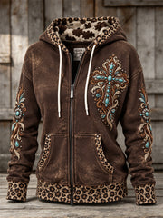 Women's Vintage Western Turquoise Cross Leopard Print Full Zip Hoodie