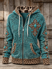 Women's Vintage Western Turquoise Cross & Embossed Art Leopard Print Full Zip Hoodie