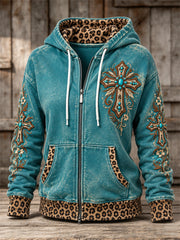 Women's Vintage Western Turquoise Cross Art Leopard Print Full Zip Hoodie