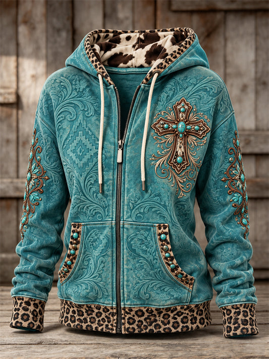 Women's Vintage Western Turquoise Cross & Embossed Art Leopard Print Full Zip Hoodie