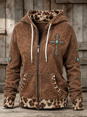 Women's Vintage Western Turquoise Cross & Embossed Art Leopard Print Full Zip Hoodie