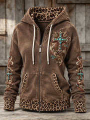 Women's Vintage Western Turquoise Cross Art Leopard Print Full Zip Hoodie