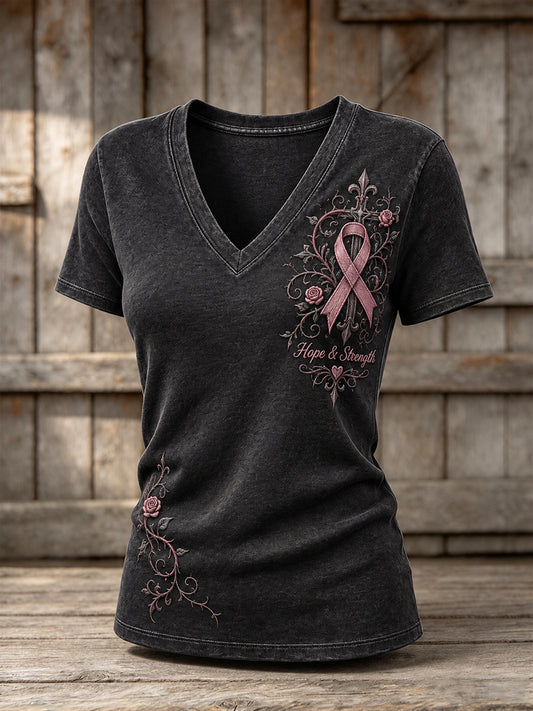 Women's Pink Ribbon Gothic Floral Cross Print Short-sleeved T-shirt