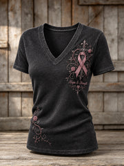 Women's Pink Ribbon Gothic Floral Cross Print Short-sleeved T-shirt