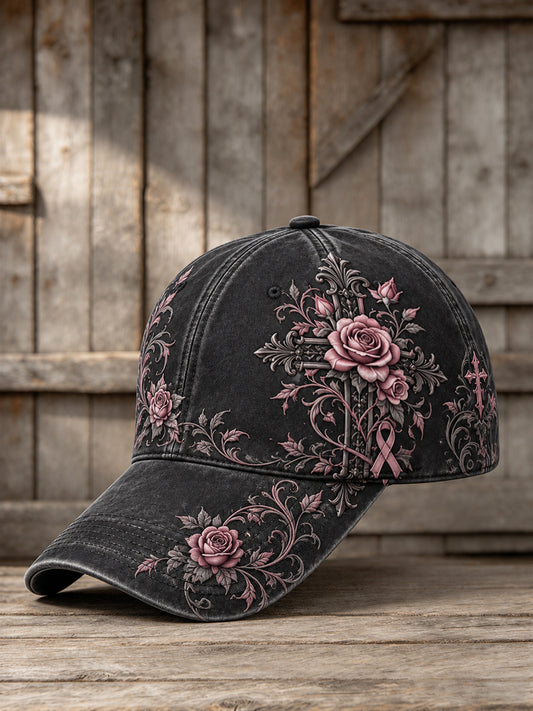 Gothic Cross & Pink Ribbon Roses Floral Print Unisex Hat