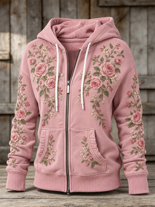 Women's Pink Rose Floral Pattern Design Casual Zip-Up Hoodie
