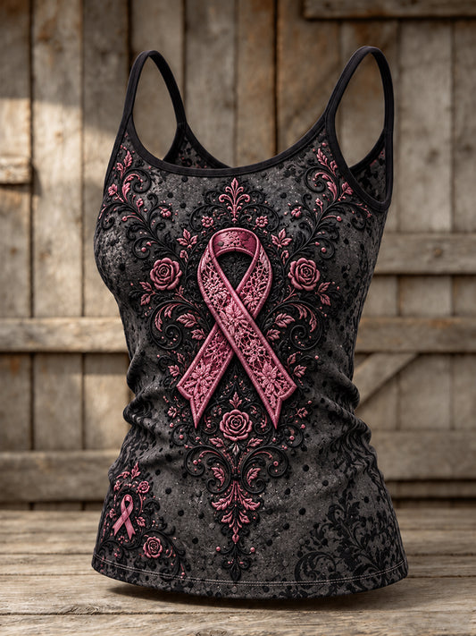Women's Pink Ribbon Gothic Floral Lace Print Casual Vest