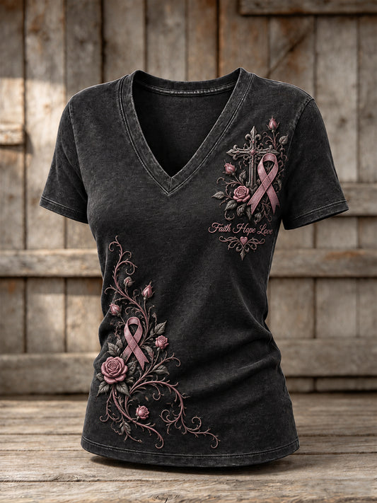 Women's Pink Ribbon Gothic Floral Cross Print Short-sleeved T-shirt