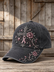 Gothic Cross & Pink Ribbon Roses Floral Print Unisex Hat